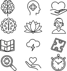Mental Health & Therapy Line Icon Set – Vector Illustrations for Counseling, Support, and Wellness Apps