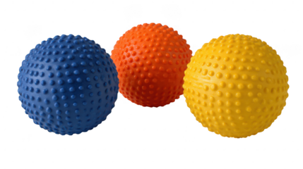 Three textured balls in blue orange and yellow colors for sensory play and tactile stimulation exercises