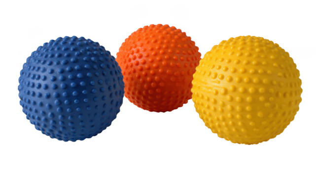 Three textured balls in blue orange and yellow colors for sensory play and tactile stimulation exercises