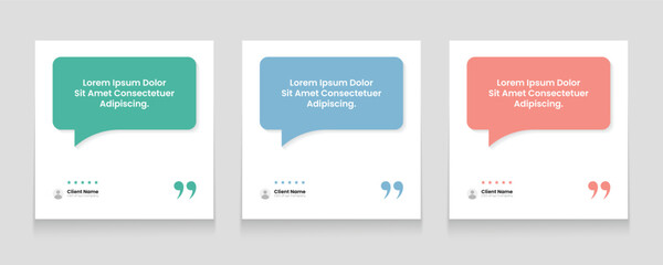 Quote frames blank templates set. Set of speech bubble quotes template. Textbox isolated on a color background. Clients' testimonials text in brackets, citation empty quote bubbles.