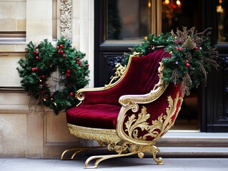 Ornate red velvet sleigh chair adorned with Christmas greenery