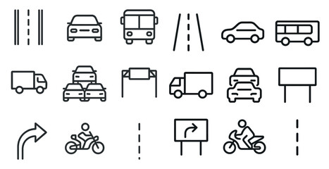 Transportation and road signs linear icons set – outline, traffic, travel symbols
