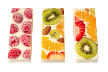 Three artisanal white chocolate bars with fresh raspberries kiwi slices orange segments strawberries and almonds isolated on transparent background