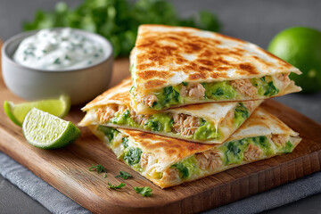 Three stacked burritos with lime slices on top