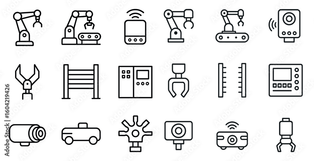Poster automation and robotics outline icons set – linear, tech, industry symbols