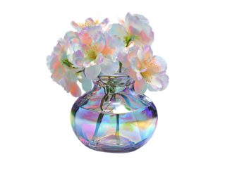 3D iridescent holographic colored glass vase with pastel flowers, on a white background