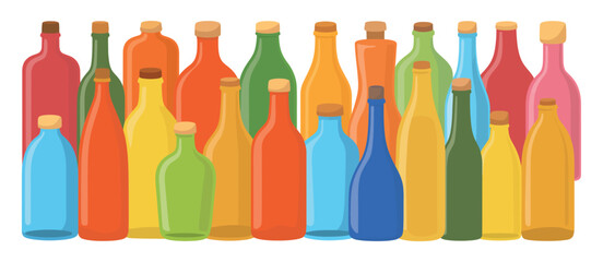 Collection of colorful glass bottles with cork stoppers in a vibrant arrangement