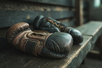 Worn leather boxing gloves rest on a weathered wooden bench
