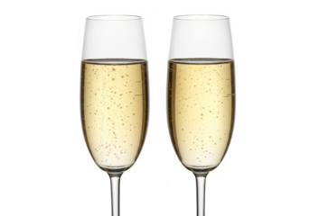 Two champagne glasses filled with sparkling wine, isolated on a clean transparent background