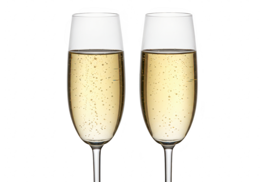 Two champagne glasses filled with sparkling wine, isolated on a clean transparent background