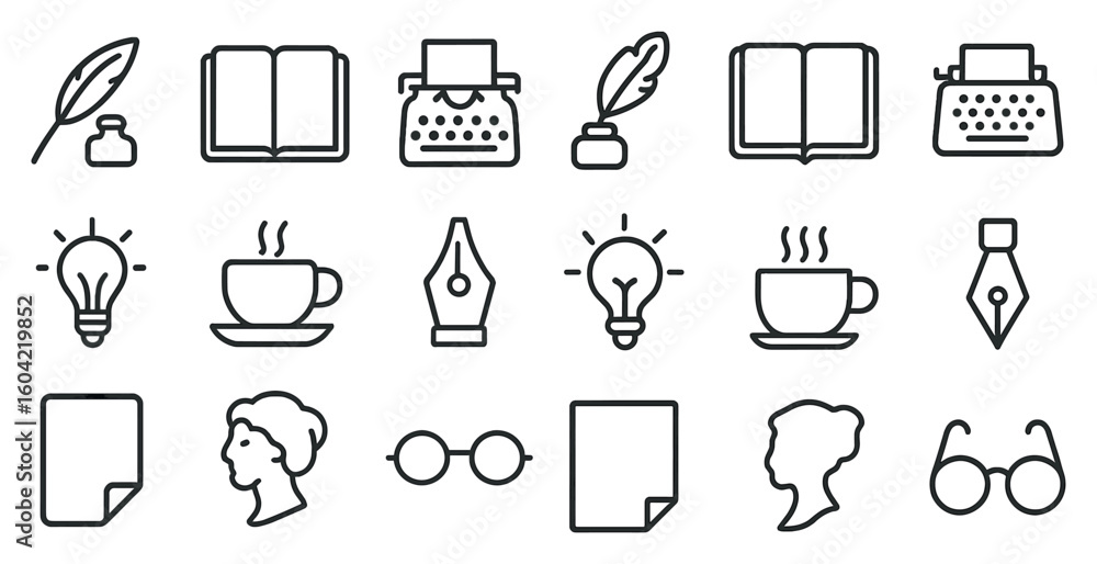 Poster writing and blogging linear icons set – outline, flat, author and content creation symbols