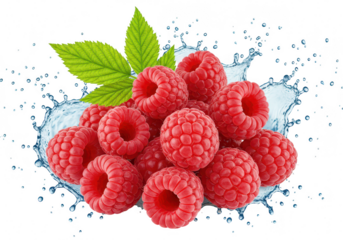 A pile of fresh raspberries with water splashing around them, isolated on transparent background