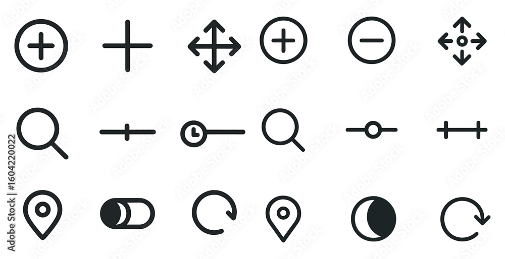 Poster navigation and search line icons set – outline, direction, map and locator symbols