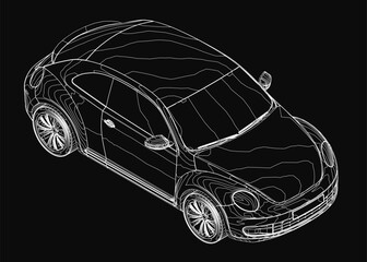 Naklejka premium A 3D wireframe model of a car stands out against a black background, showcasing its iconic contour. The detailed rendering highlights the car's classic shape with precision. Isometric view