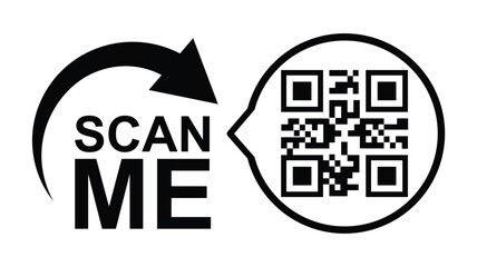 Minimalist black and white graphic design with bold 'SCAN ME' text, curved arrow, and hollow rectangles creating a QR code scan effect. Clean lines, symmetrical composition. Ideal for apps, websites,