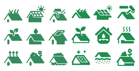 Eco-friendly housing icons set - solid, filled, sustainable home and green living symbols