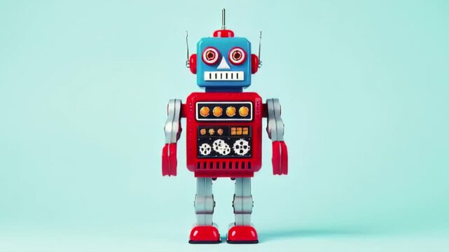A brightly colored, retro-style robot stands upright against a solid, light-blue background.