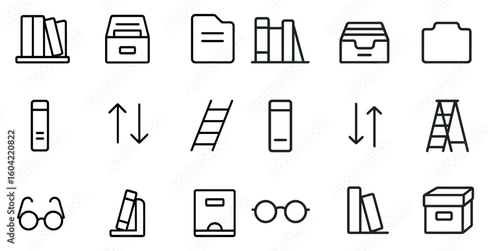 Poster library and archive outline icons set – linear, flat, books and filing symbols