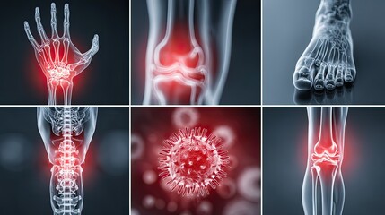 Body pain collage shots design, medical discomfort concept, health issue symbols, anatomy ache scenes, patient care art