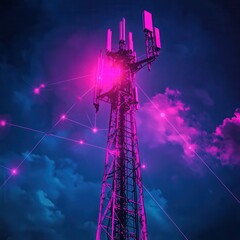 Towering cell phone antenna at twilight, vibrant pink glow