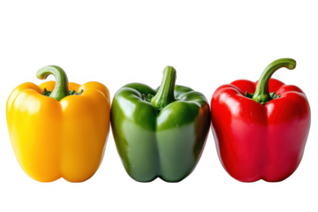 Three vibrant bell peppers in yellow green and red arranged in a row isolated on transparent background
