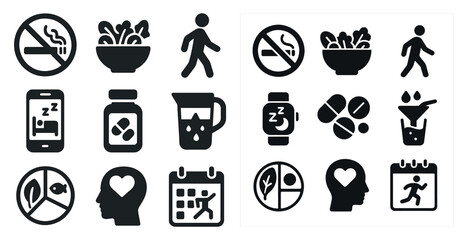 Health and wellness solid icons set – filled, silhouette, fitness and safety symbols