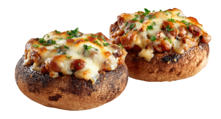 Two baked stuffed mushrooms, topped with melted cheese and a sprinkle of herbs