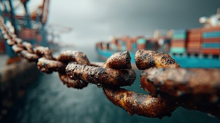 Broken chain at shipping port, trade link problem, global logistics issue, supply chain break, maritime commerce