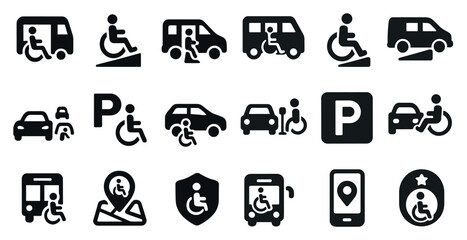 Accessibility and transportation icons set – solid, silhouette, mobility and parking