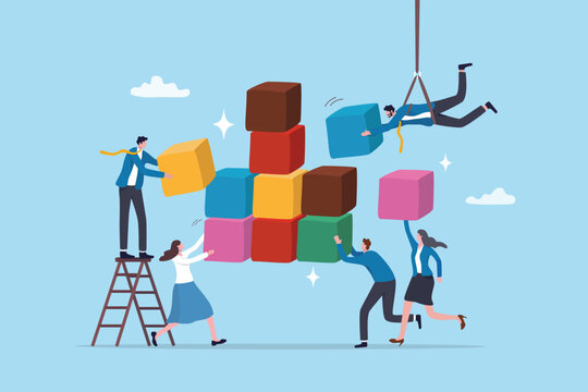 Build business framework, teamwork help development growth, improvement process or planning together, help or support team concept, business people help build framework block growing structure.