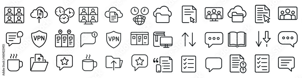Poster cloud computing linear icons set – outline, data storage and network symbols