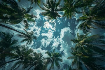 Upward view of palm trees against blue sky. Neural network AI generated