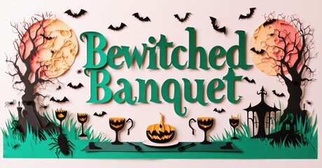 Fototapeta premium Halloween scene depicts spooky banquet. Bats fly near trees, pumpkins glow, spider lurks. Festive, papercraft style design.