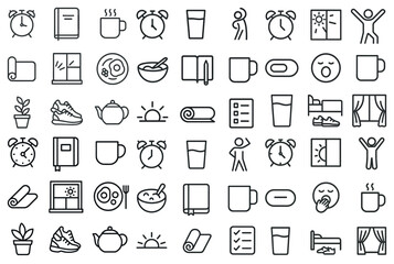 Morning routine line icons set – outline, flat, daily habits and wellness symbols