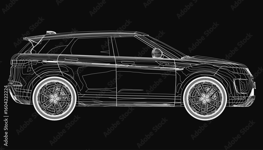 Poster car 3d model blueprint with precise contours and sleek lines on a black background. the detailed cur
