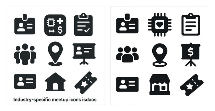 Tech and networking silhouette icons set – solid, filled, industry and meetup symbols