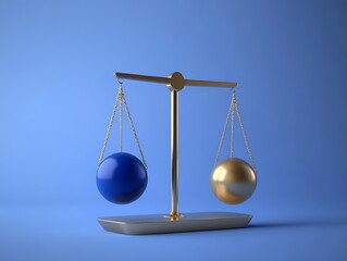 Minimalist 3D Balance Scale with Gold and Blue Spheres Representing Concept of Justice, Comparison, and Value