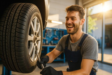 Mechanic smiles while changing tire in an auto repair shop during sunny afternoon hours