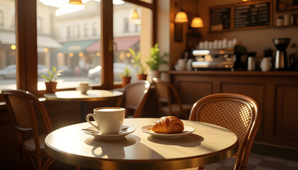 Fototapeta premium Warm Cafe Interior Scene with Coffee Cup and Croissant Delight
