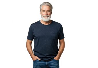 A handsome mature man with gray hair and a beard, wearing a dark blue tshirt and jeans, is isolated on transparent background