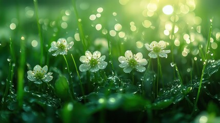 Dew-Kissed Flowers in a Sunlit Meadow