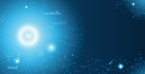Abstract blue background with a glowing AI symbol, circuit patterns, and a network mesh design.
