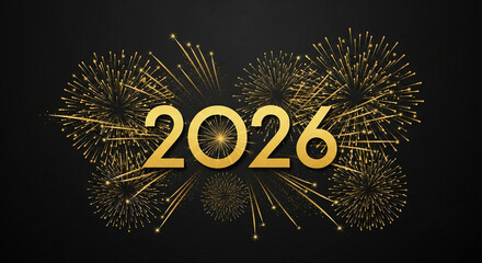 New Year's Eve Fireworks: A festive display of golden fireworks lights up the night sky, framing the year 2026 in a radiant and celebratory manner.