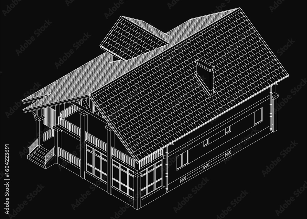 Aufkleber a 3d model of a house with a pitched roof, presented as a clean blueprint on a black background. the