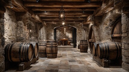 Dark stone cellar with wine barrels, vintage storage, rustic interior, winery scene, aged liquor, old-world charm