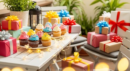 Friendship day colorful cupcakes and wrapped gifts arranged on a white table for a festive celebration scene outdoors