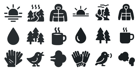 Nature and outdoor solid icons set &ndash; filled, adventure, camping symbols