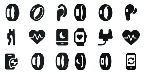 Smartwatch and fitness solid icons set – filled, wearable technology symbols