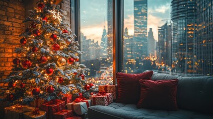 Christmas tree in NYC apartment with city view