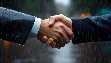 Business Handshake in the Rain Symbolizing Trust, Commitment, and Partnership Through Adversity